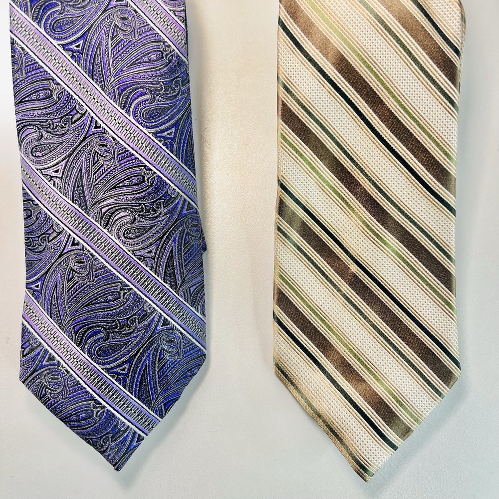 PRONTO•UOMO Couture Lot of 2 - 100% SILK Extra Long Purple Paisley, Brown Stripe